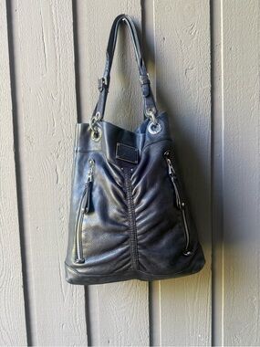 Bmakowski Black Leather Purse with Front Zip Pockets and gold hardware
